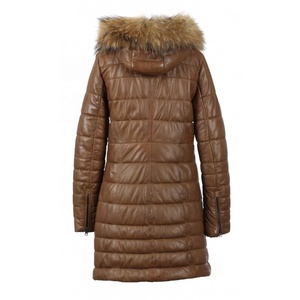 Nueva chaqueta acolchada larga de invierno a la moda para mujer, características transpirables acolchadas, piel de oveja Natural, capucha marrón, forro de nailon - Product Image 4