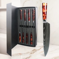 Couteau de chef japonais en acier inoxydable Damas, trois pièces, pour gaucher, jetable, fait main, manche en résine rouge, tranchant, laser