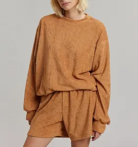 Pyjama en tissu éponge doux pour femme, serviette, vêtement de nuit, haut avec short, vente en gros,