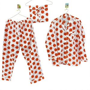 Conjunto de pijama de algodón hecho a mano para mujer, camisa con botones y pantalones con cordón, estampado de lunares blancos y naranjas, ropa de dormir suave. - Product Image 1