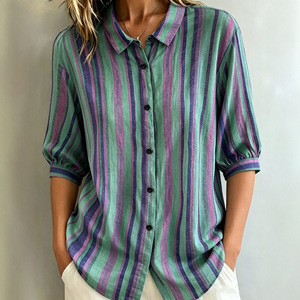 2026 New European Women Color <b>Block</b> Striped Shirt Lapel Single Breasted Half Sleeve Fashion Ladies Blouse Top - Product Image 4