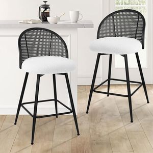 Tabouret <span class=keywords><strong>de</strong></span> <span class=keywords><strong>bar</strong></span> pivotant en cuir PU <span class=keywords><strong>blanc</strong></span> avec dossier en rotin <span class=keywords><strong>noir</strong></span> Chaises <span class=keywords><strong>de</strong></span> <span class=keywords><strong>bar</strong></span> modernes du milieu du siècle - Product Image 1