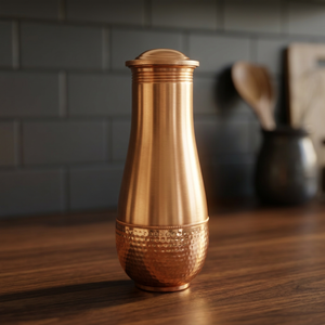 Premium Dual Finish Pure Copper Bedside Carafe Jar 1500ml <b>Brushed</b> and Hammered Copper Pot Luxury Wellness Metal Drinkware Set - Product Image 1