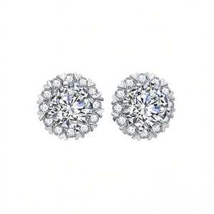 Orecchini a lobo E2000 in oro bianco con diamanti taglio brillante rotondo, montatura a griffe, a forma di fiore, gioielli classici da donna - Product Image 1