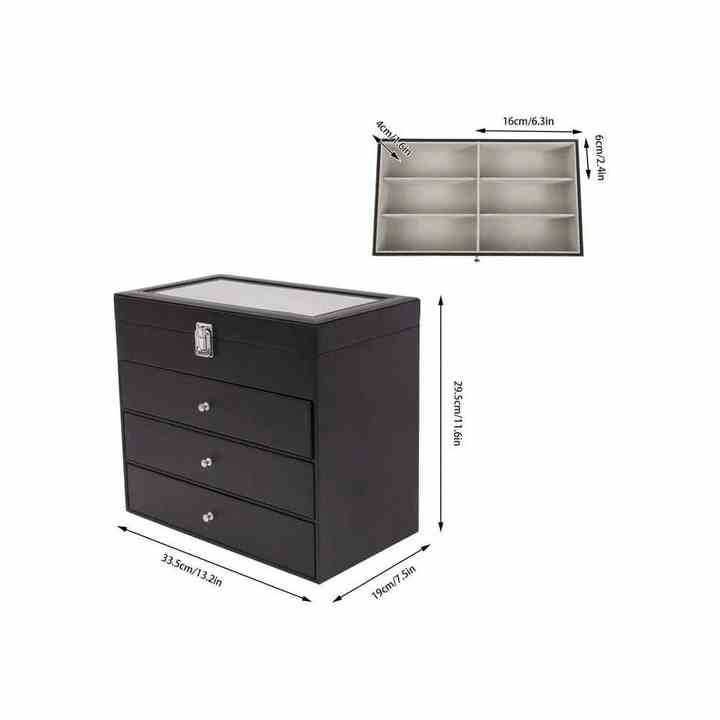 4-Layer Black Carbon Fiber PU Watch Display Box Eyeglass Organizer Case Clear Glass Top Lockable Drawers for Sun-Glasses Storage