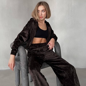 Wholesale Breathable <b>Velvet</b> Two-Piece Set Long Sleeve Zip-Up Hooded Jacket Wide Leg Pants Solid <b>Black</b> Loose Fit Casual - Product Image 5