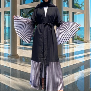 Abaya Modeste en Tissu Nida avec Empiècements en Chiffon Rayé, Manches Amples, Cardigan Musulman Islamique Printemps-Été 1889 # - Product Image 5