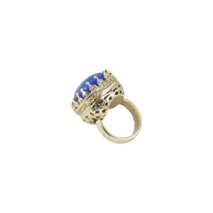 Handmade Italian Classic Brass Ring with Natural Stone Blue Jade Resizable Sizes Made in Italy For Export