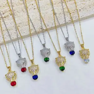 Ensemble d'accessoires cadeaux plaqués or sous vide de haute qualité avec tête de léopard en diamant, collier pendentif étanche en acier inoxydable