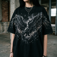 Kaos Hitam Vintage Wash Heavyweight dengan Cetakan Dark Angel Broken Sky, Pasokan Kustom Pabrik OEM