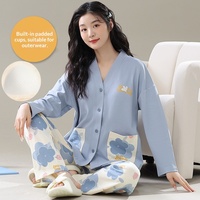 Ensemble de pyjama pour femmes en coton respirant avec rembourrage sur la poitrine, col en V, longueur intégrale, imprimé floral, 141-160 g/m², pour le printemps/l'automne