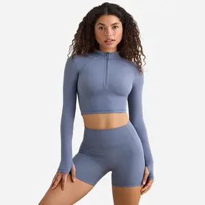 Half-Zip Long Sleeve Mock Neckline Fashionable Wokrk Out Sports Tops For Trendy Women Yoga Crop Top