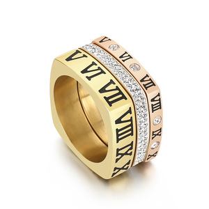 Classic Roman Numeral Square & Round <b>Stack</b> <b>Rings</b> Collection for Men & Women | Stainless Steel PVD Gold Plated <b>Rings</b> With Crystal - Product Image 1