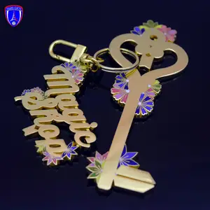 Hight quality elegant Gold Magie&hop key shape custom letter enamel keychain custom flower and Key shape car keyring keyHolder