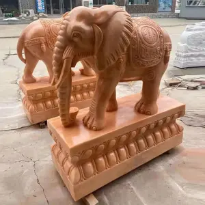 手工雕刻户外大理石大象雕像天然实心粉色大理石石头大象雕塑