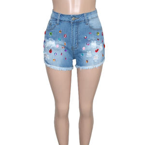 2024 nueva moda de talla grande colorido cristal Denim Booty Shorts Sexy ropa de verano mujeres diamante borla rasgado Jeans Shorts - Product Image 2