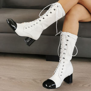 <span class=keywords><strong>Botas</strong></span> de <span class=keywords><strong>Mujer</strong></span> con Tacón Grueso de 6 cm, Estilo Patchwork Blanco y Negro, Punta Cuadrada, Media Caña, con Cordones Delanteros, Talla Grande 47, Horma Ancha - Product Image 6