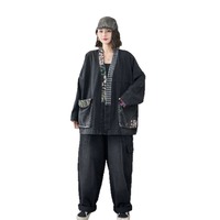 Nouvel ensemble décontracté deux pièces pour femme : veste en jean oversize à imprimé contrastant et pantalon cargo large – Collection Printemps-Automne 2026 (vente en gros)