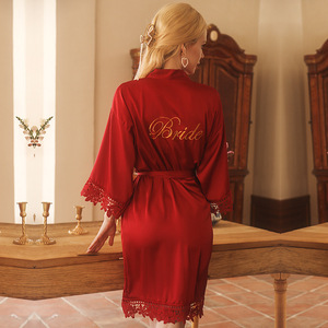 Robe du matin de la mariée brodée en satin moderne Kimono Peignoir avec habillage en dentelle pour maquillage de mariage Robes de demoiselle d'honneur Groupe - Product Image 6