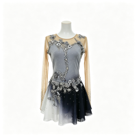 Robe de patinage et de danse pour enfants et adultes, gris et noir dégradé, manches longues en maille, jupe dégradée avec strass, pour compétition et spectacle de patinage sur glace