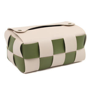 Boîte à mouchoirs en cuir tressé fait main, sac à mouchoirs pour restaurant et maison, sac à mouchoirs minimaliste color-block à motif damier pour voiture - Product Image 4