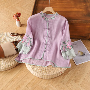 Traditional Chinese Women's Cotton Linen Embroidered Shirt Pink Green Color Blocking Loose Fit Cardigan Three Quarter Sleeve - Product Image 4