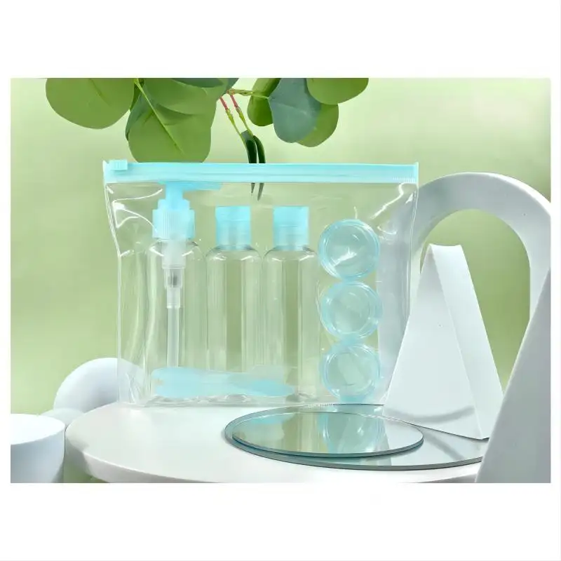 Thiết kế mới tùy chỉnh mỹ phẩm và chăm sóc da container du lịch kit bao gồm 100ml 80ml chai nhựa và 10ml Kem Jar