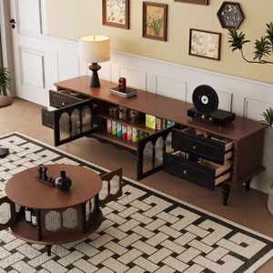 Meuble TV de luxe en bois de chêne de style Mid-Century Modern, ensemble table TV et table basse pour salon - Product Image 6