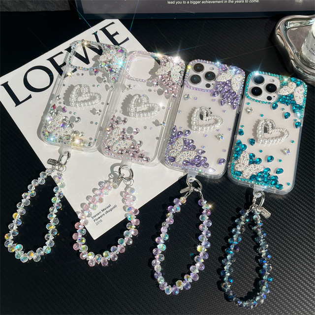 Luxury Electric Cover for Female PC Electroplate Butterfly Rhinestone Mobile Phone Cases for Apple 14/13 15 17 Plastic Bag Chain