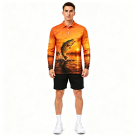Polo de pêche à manches longues pour homme, personnalisé OEM ODM, sublimation, motif doré, impression intégrale, pour activités de plein air