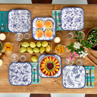 Assiettes en papier jetables élégantes bleues à motifs floraux, carrées de 9 pouces, vaisselle de fête botanique pour fête de jardin