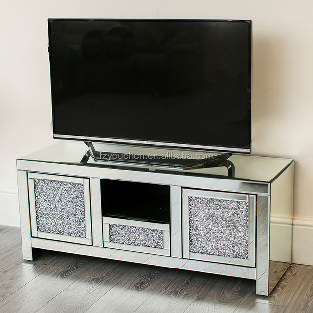 Modern Crashed Diamond Sparkle Mirrored TV Entertainment Unit Wood Living Room Furniture with Storage for Home Use