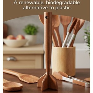 Écrase-viande manuel en bois biodégradable avec spatule de broyage pour mélanger le riz et écraser la viande - Product Image 2