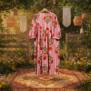 Robe d'été ethnique pour femme en coton écologique, rayée, à imprimé floral botanique, longueur genou, unie, faite à la main, coupe trapèze - Product Image 1