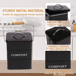 Poubelle à compost de cuisine moderne de luxe <span class=keywords><strong>en</strong></span> métal carré d'intérieur, noire, 5L, avec poignée <span class=keywords><strong>en</strong></span> <span class=keywords><strong>bois</strong></span> pour plan de travail - Product Image 3