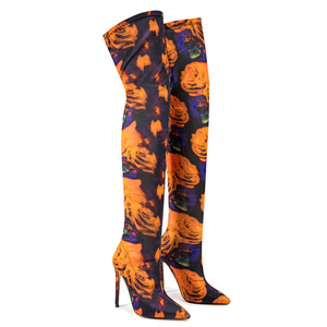 Big Size 47 Wide Fit Thigh High Boots Women's Stiletto Over-knee Floral Pattern Boots Stretchy Fabric on Shoes - Product Image 6
