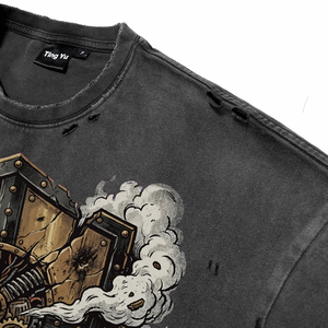 T-shirts en coton respirants à manches courtes pour hommes, effet délavé, avec impression personnalisée sur le devant, style rétro, vêtements vintage, vente en gros - Product Image 4