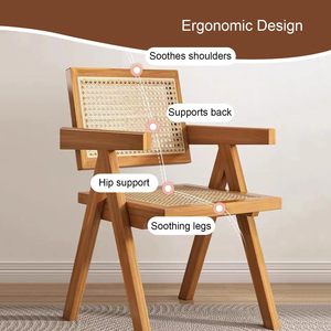 High-end rattan <b>armchair</b>, simple and casual <b>dining</b> chair for home use, guesthouse, genuine rattan backrest chair, solid wood - Product Image 2