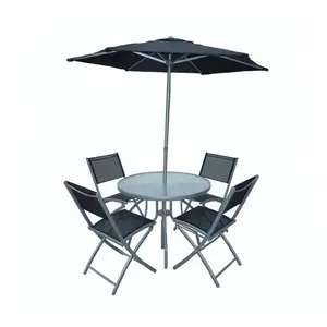 Outdoor 6 Pieces Steel Garden Coffee Patio Folding Dinning Teslin Furniture Set with umbrella parasol