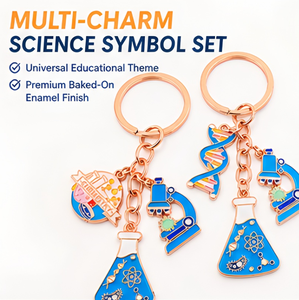 Porte-clés pour femme sur le thème scientifique avec breloques microscope ADN et bécher, en alliage de zinc durable et étanche - Product Image 1