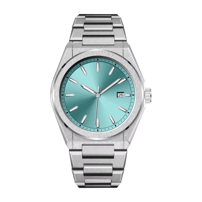 Boîtier argenté, cadran turquoise