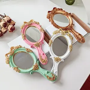 European Style Vintage Gold Handle Makeup Mirror Baroque Resin Princess Cosmetic Mirror With Paper Box Exquisite Princess Gift