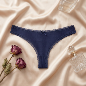 Culotte string côtelée marine pour femme, en coton doux et respirant, taille basse, grande taille, avec nœud – Vente en gros - Product Image 3