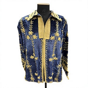เสื้อโค้ทอาบายะห์แบบโบฮีเมียนสำหรับฤดูหนาวสีน้ำเงินกรมท่า ผ้ากำมะหยี่มาคัม ปักลายดอกไม้แบบราชสถาน ประดับด้วยงานปักดิ้นทอง  แบบยาว - Product Image 1