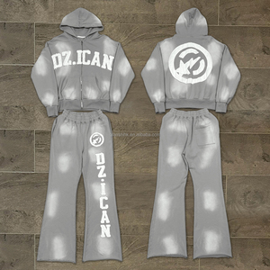 Streetwear algodón francés Terry pantalones de chándal y cremallera hombro caído Sudadera con capucha chándal diseñador ácido lavado hombres chándal conjunto - Product Image 4