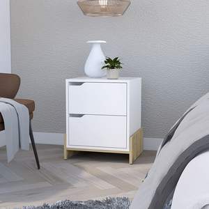 DB Brookland <b>White</b>/Macadamia Finish Nightstand Double Drawers Sturdy Base Modern Design Foldable <b>Bedside</b> <b>Table</b> for Apartment Use - Product Image 2