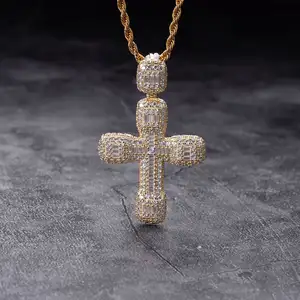 hip hop real solid gold plated pave white baguette cz diamond religion 925 sterling silver cross pendant