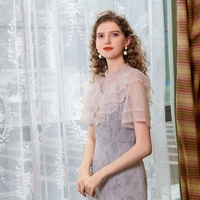 Robe droite grise pour femmes âgées, élégante en dentelle, col en Patchwork, Jacquard, tulle