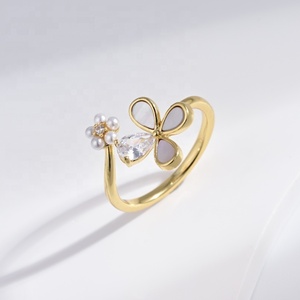 Bague fleurie vintage en argent 925 plaqué or 18 carats, prix usine, bijoux fins, zircon cubique, anneaux minimalistes ouverts avec coquille de perle - Product Image 1