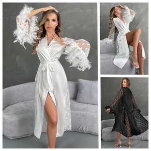 Robe de nuit en satin à manches en maille en forme de cœur à plumes sexy Noir et blanc Robe <span class=keywords><strong>longue</strong></span> tie-dye - Product Image 4